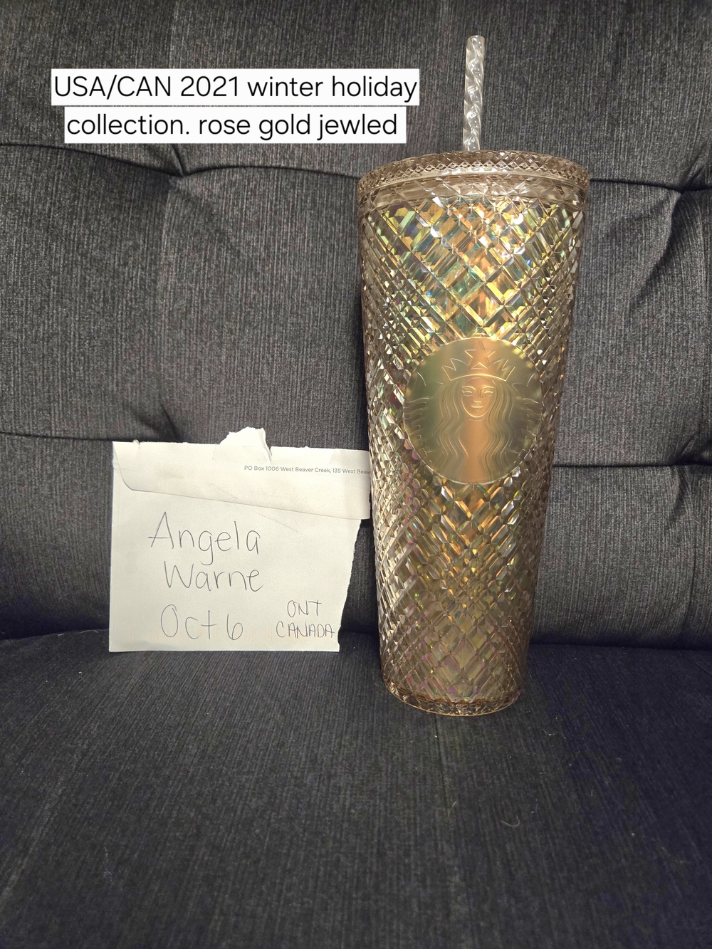 Starbucks Iridescent Rose Gold Jeweled Cold Cup with Straw